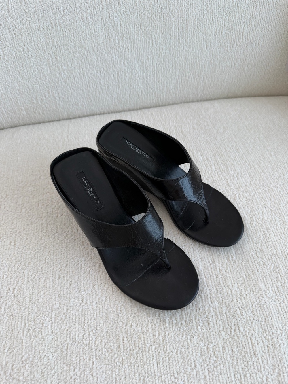 Tony Bianco Black Leather Thong Wedge Mules